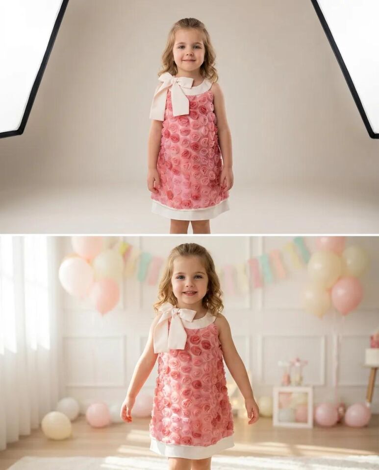 Kız Çocuk Boyundan Bağlamalı 3D Gül Detaylı Özel Gün Elbisesi - Pembe - 2-5 Yaş