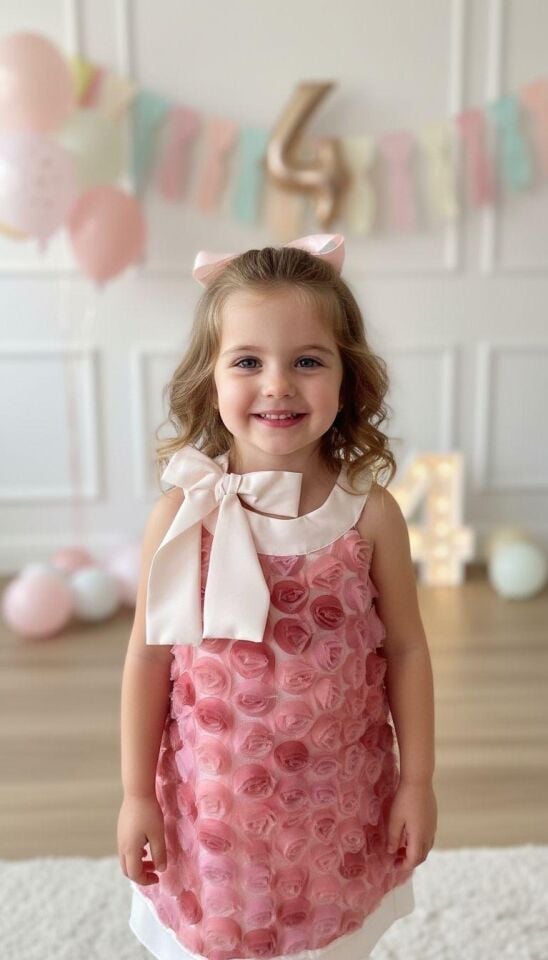 Kız Çocuk Boyundan Bağlamalı 3D Gül Detaylı Özel Gün Elbisesi - Pembe - 2-5 Yaş