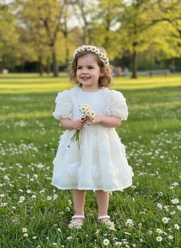 Kız Çocuk Gül Detaylı Özel Gün ve Doğum Günü Elbisesi - Ekru - 2-5 Yaş