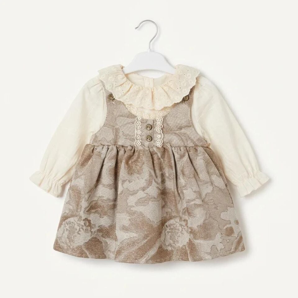 Kız Çocuk Bebek Özel Gün ve Günlük Elbise Astarlı Gömlekli ve Parlak Kumaşlı - Kahverengi - 6-24 Ay