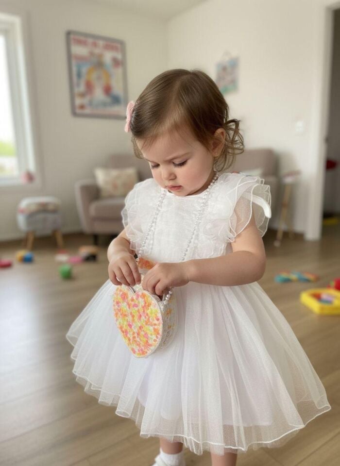 Kız Çocuk Beyaz Tüllü Astarlı Kelebek Kuşak Detaylı Çantalı Prenses Elbise - Beyaz - 2-5 Yaş