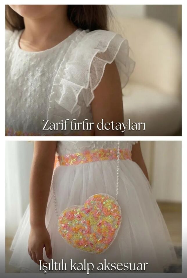 Kız Çocuk Beyaz Tüllü Astarlı Kelebek Kuşak Detaylı Çantalı Prenses Elbise - Beyaz - 2-5 Yaş