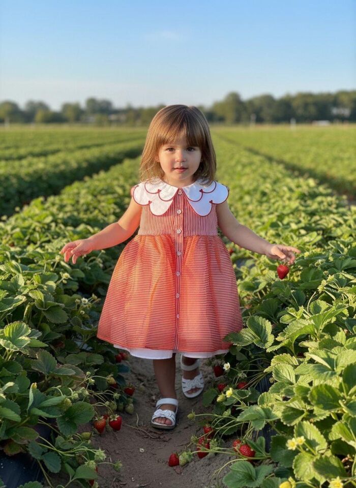 Kız Çocuk Kırmızı Çizgili Kalp Yaka Detaylı Günlü ve Özel Gün Elbisesi - Kırmızı - 2-5 Yaş