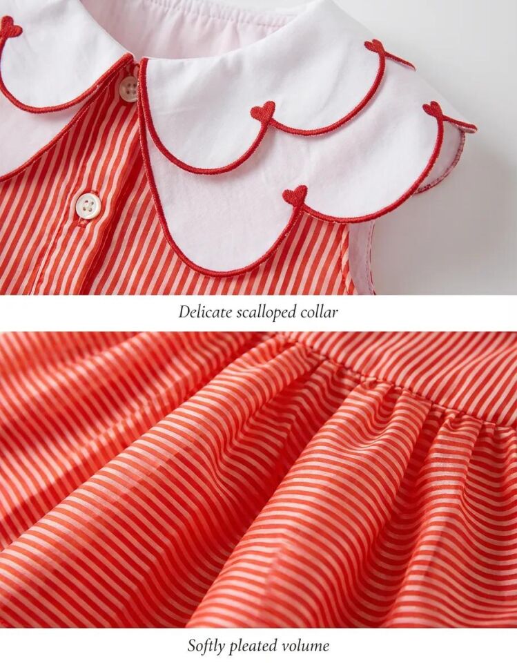 Kız Çocuk Kırmızı Çizgili Kalp Yaka Detaylı Günlü ve Özel Gün Elbisesi - Kırmızı - 2-5 Yaş