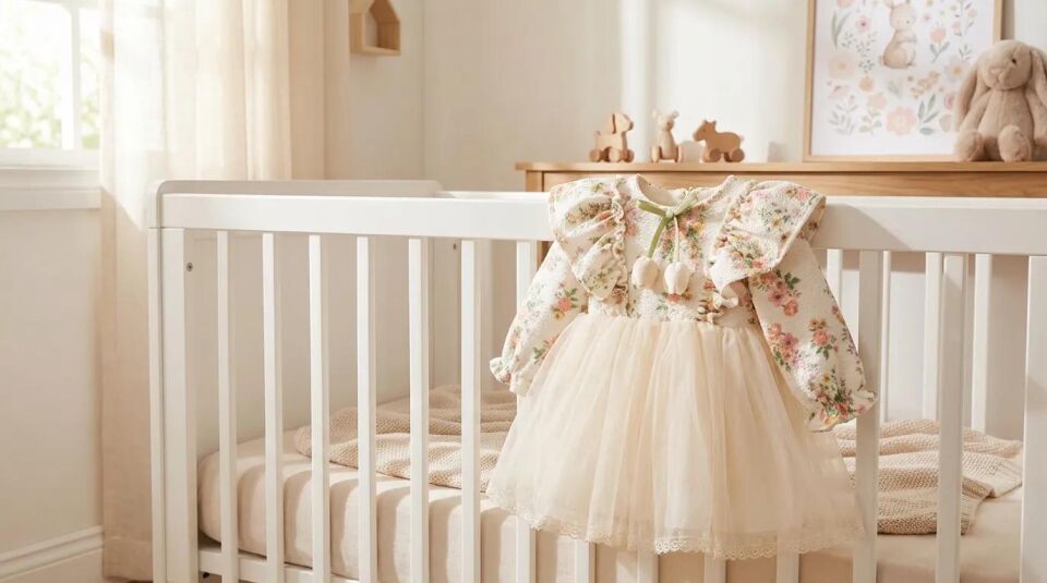 Kız Çocuk Bebek Çiçek Desenli Uzun Kollu Fiyonklu Elbise - Ekru - 6-24 Ay