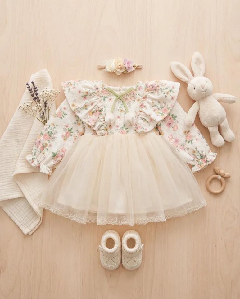 Kız Çocuk Bebek Çiçek Desenli Uzun Kollu Fiyonklu Elbise - Ekru - 6-24 Ay