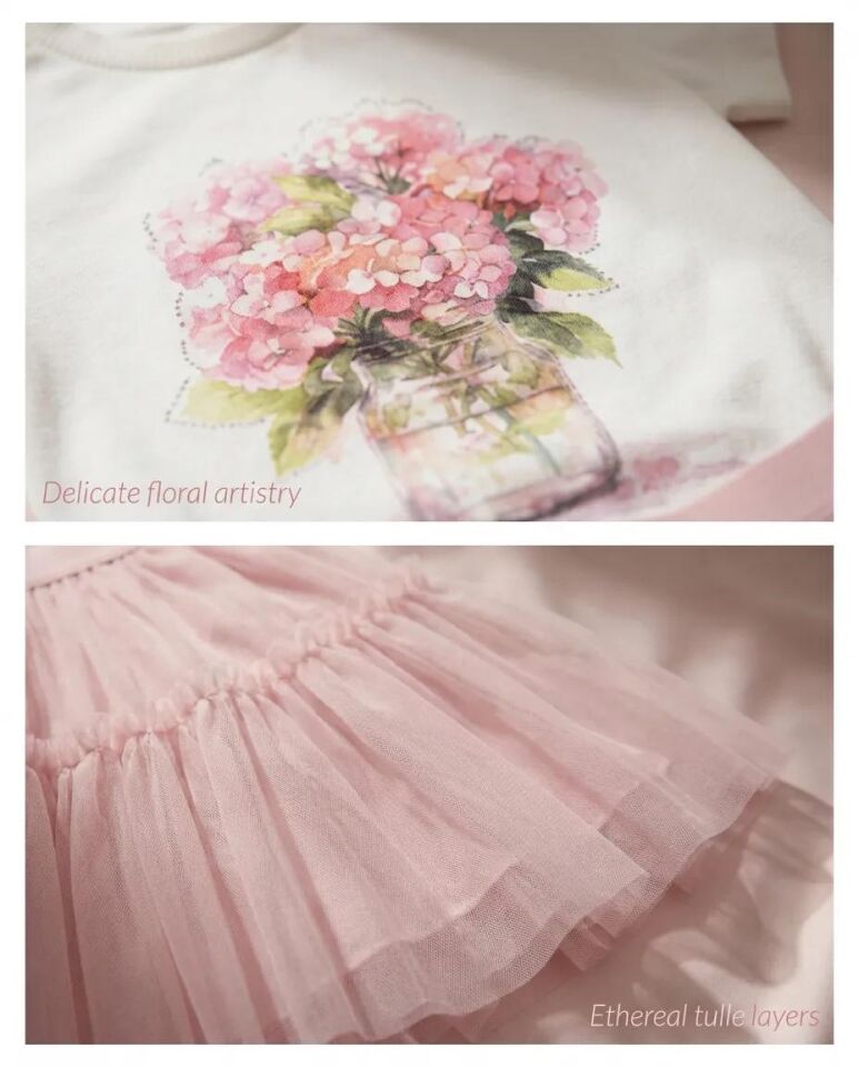 Kız Çocuk Pembe Kot Ceketli Astarlı Tül Etekli Çiçek Baskılı Parlak Taş Detaylı Tişörtlü Takım - Çok Renkli - 2-5 Yaş