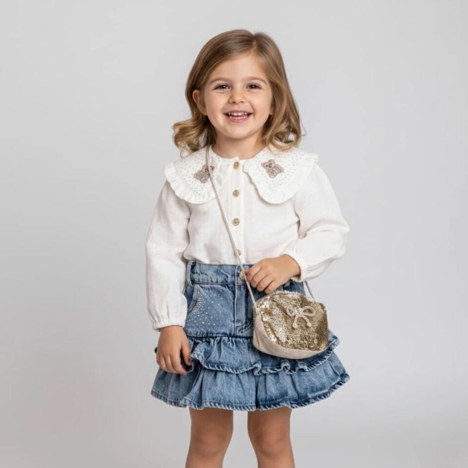 Kız Çocuk Taş Detaylı Kot Etek Gömlek ve Pul Detaylı Askılı Çanta Takım - Ekru - 2-5 Yaş