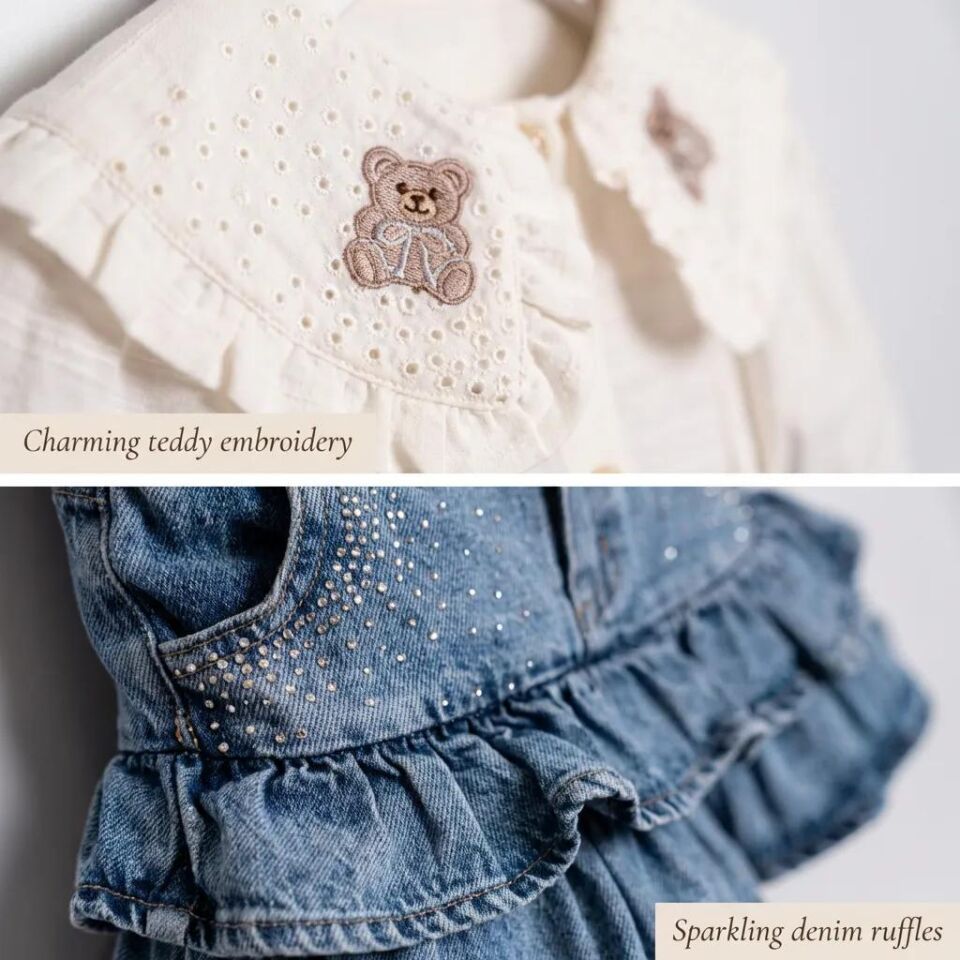 Kız Çocuk Taş Detaylı Kot Etek Gömlek ve Pul Detaylı Askılı Çanta Takım - Ekru - 2-5 Yaş