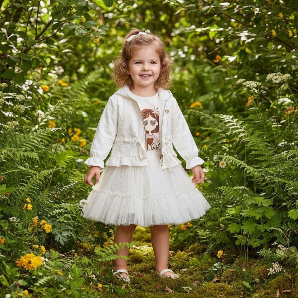 Kız Çocuk Tüllü ve Astarlı Etek Baskılı Tişört ve Pamuklu Fermuarlı Ceket Takım - Beyaz - 2-5 Yaş