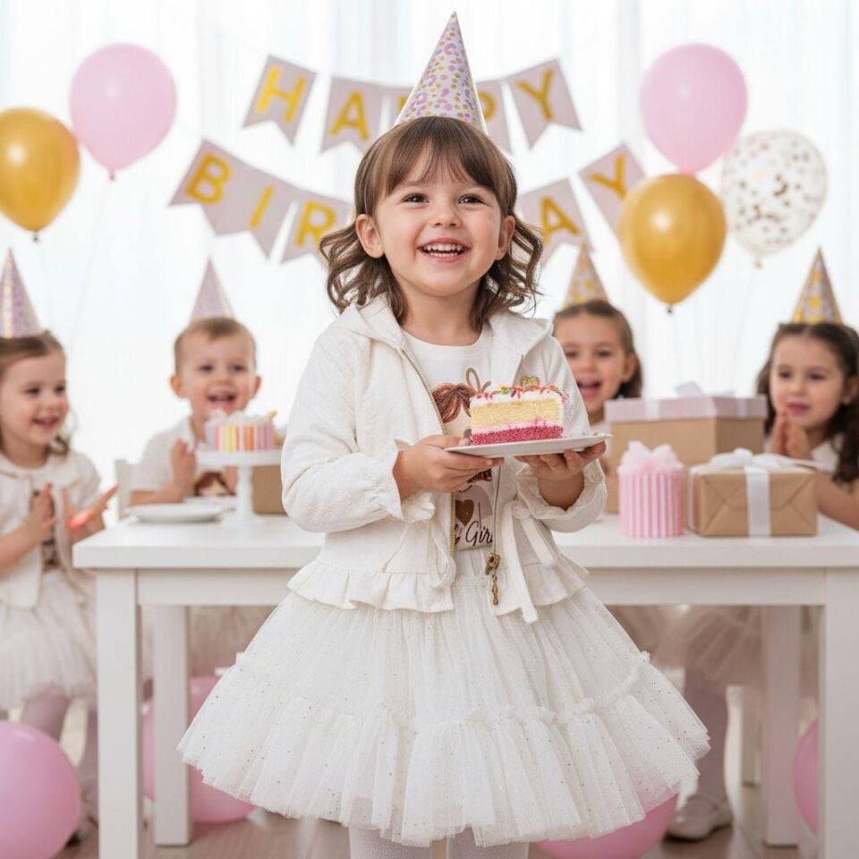 Kız Çocuk Tüllü ve Astarlı Etek Baskılı Tişört ve Pamuklu Fermuarlı Ceket Takım - Beyaz - 2-5 Yaş