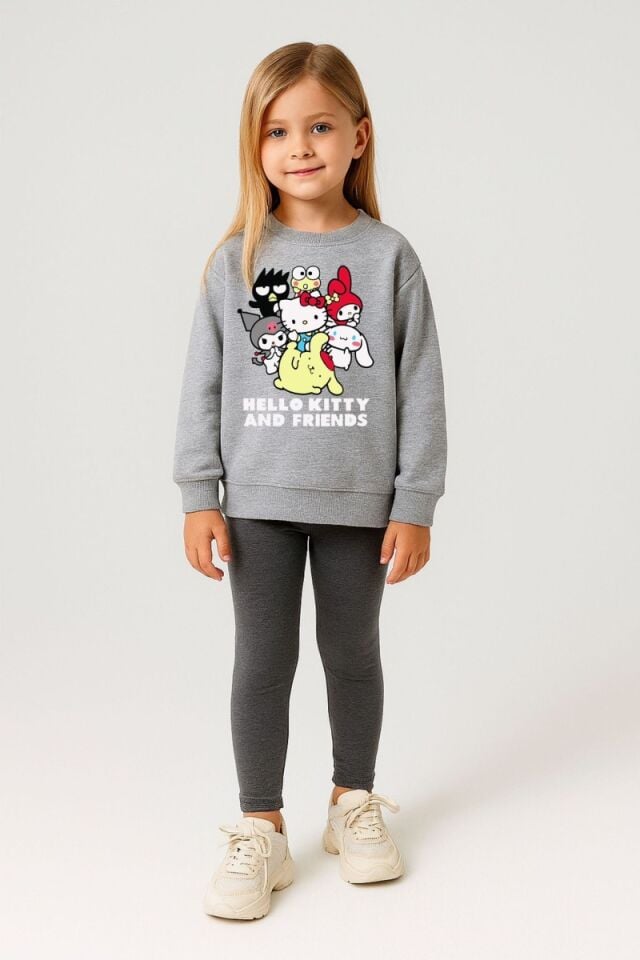 Kız Çocuk Baskılı Sweatshirt ve Tayt Takım - Gri - 2-5 Yaş