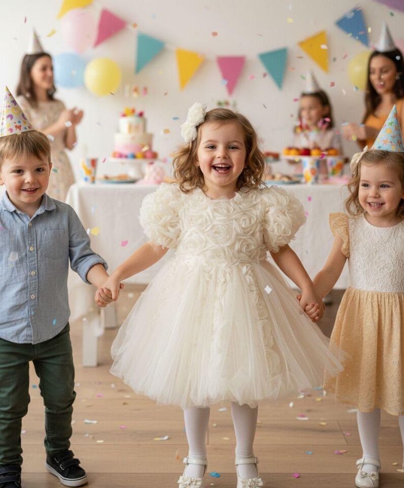 Kız Çocuk Gül Detaylı Elbise ve Gül Detaylı Toka Hediyeli Takım - Ekru - 1-5 Yaş