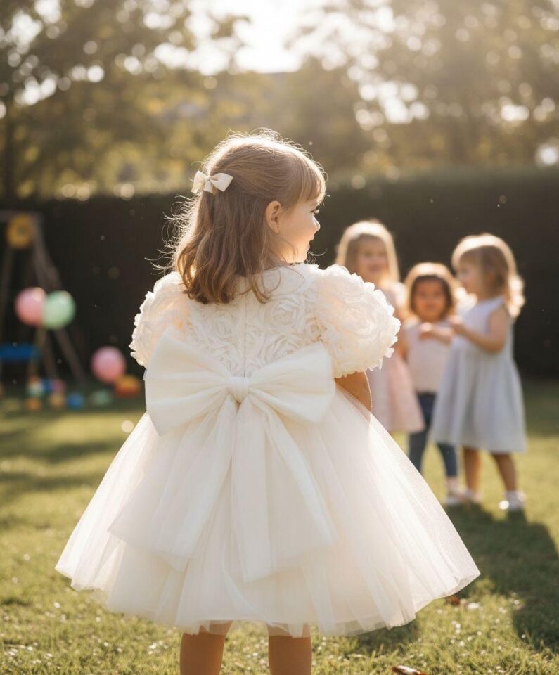 Kız Çocuk Gül Detaylı Elbise ve Gül Detaylı Toka Hediyeli Takım - Ekru - 1-5 Yaş