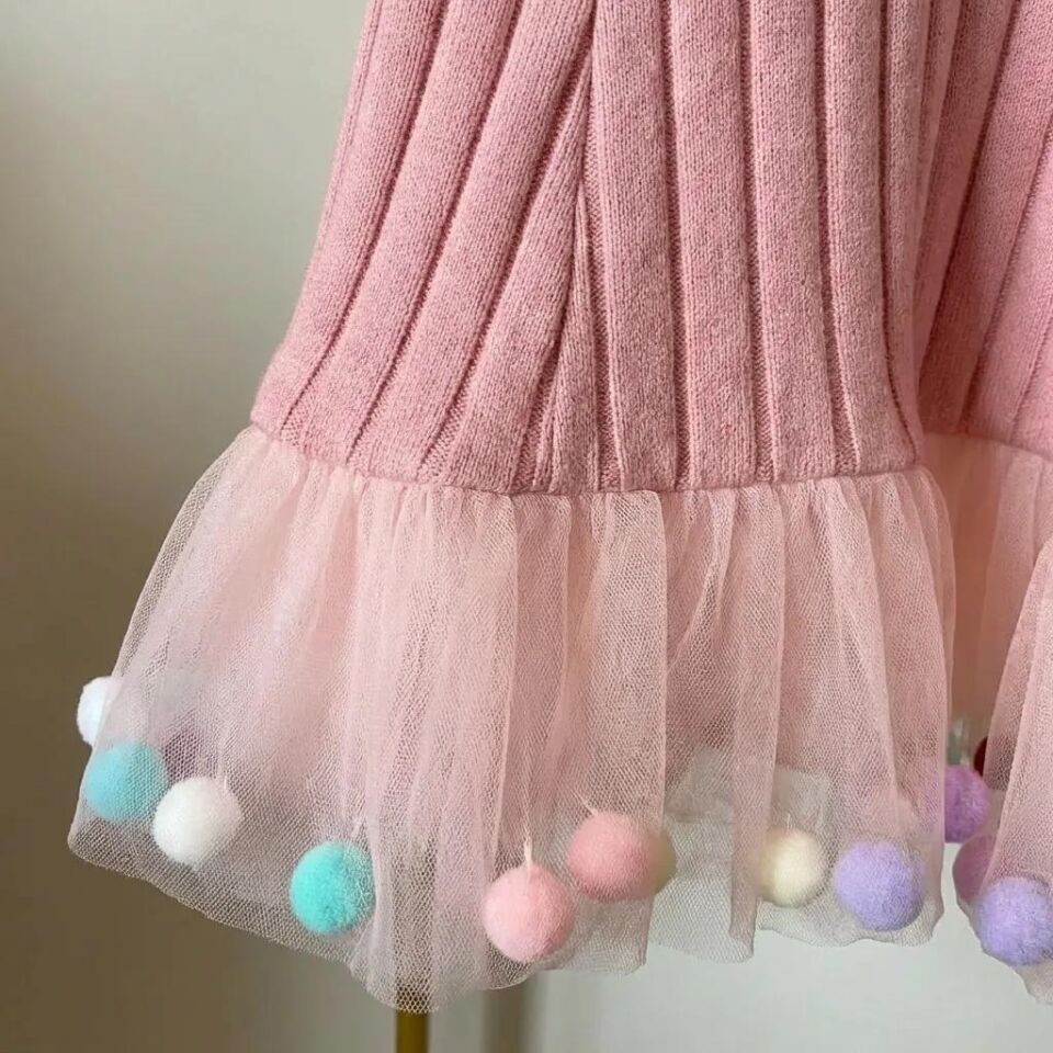 Kız Çocuk Kapuşonlu Tül ve Renkli Ponpon Detaylı Pamuklu Elbise - Pudra