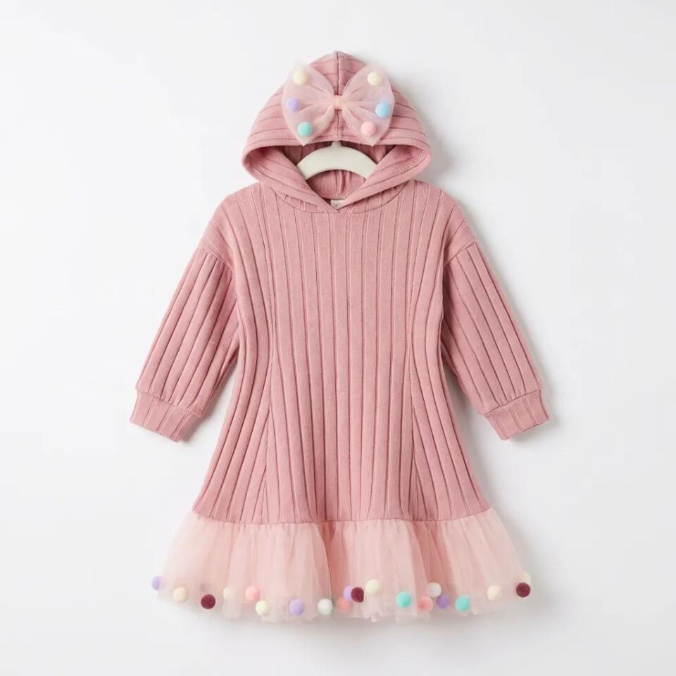 Kız Çocuk Kapuşonlu Tül ve Renkli Ponpon Detaylı Pamuklu Elbise - Pudra
