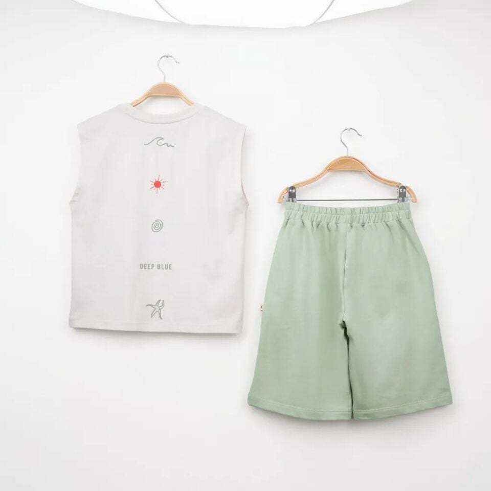 Erkek Çocuk Cepli Baskılı Atlet Diz Altı Şort Takım