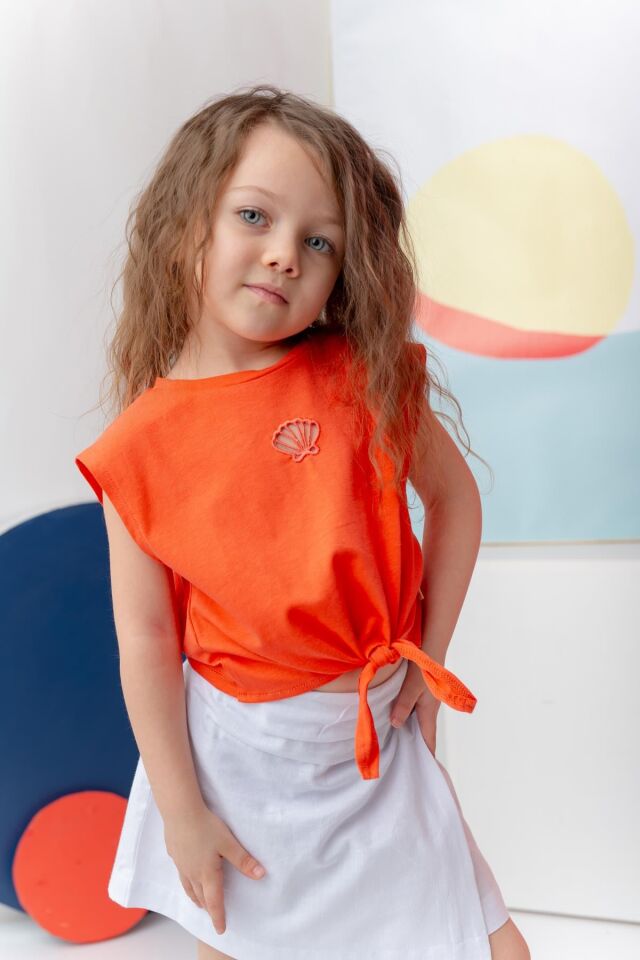 Kız Çocuk Nakış Detaylı Crop T-Shirt