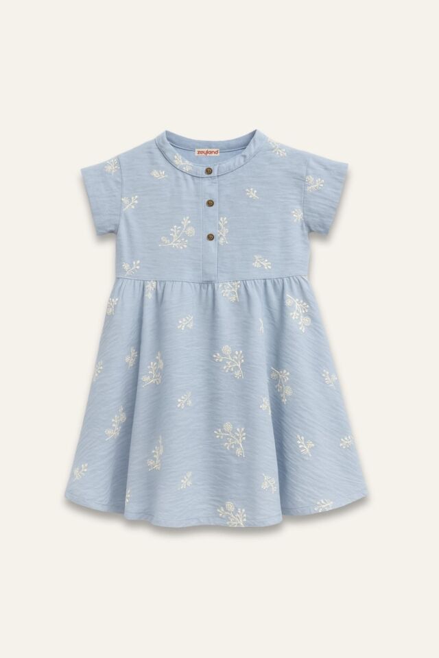 Kız Çocuk Nakış Detaylı Düğmeli Elbise - Mavi