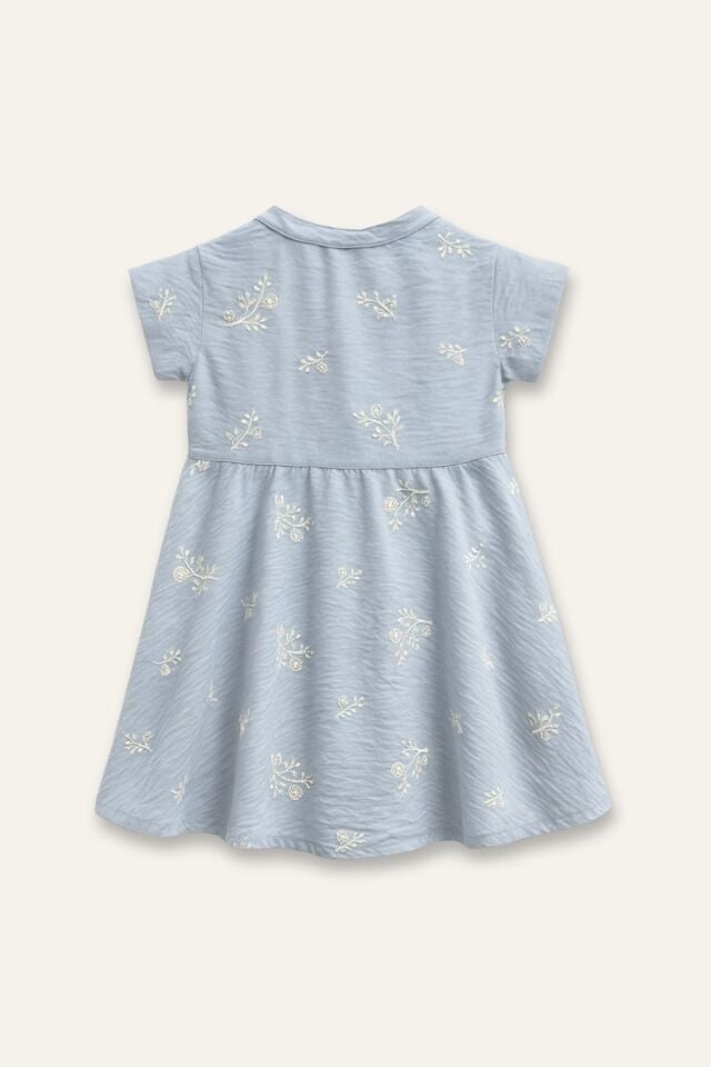 Kız Çocuk Nakış Detaylı Düğmeli Elbise - Mavi