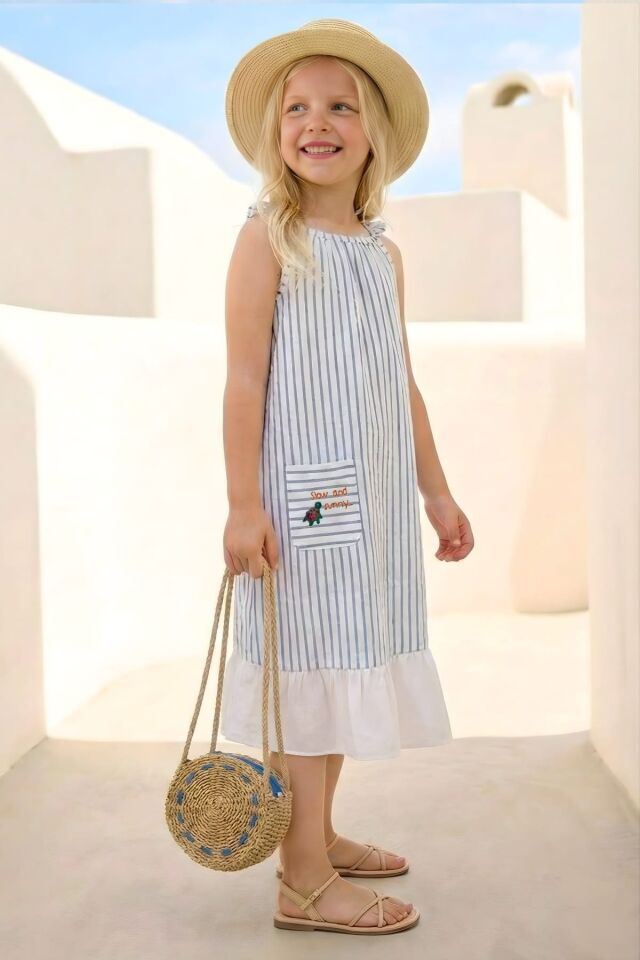 Kız Çocuk Cep Detaylı Desenli Elbise - Mavi