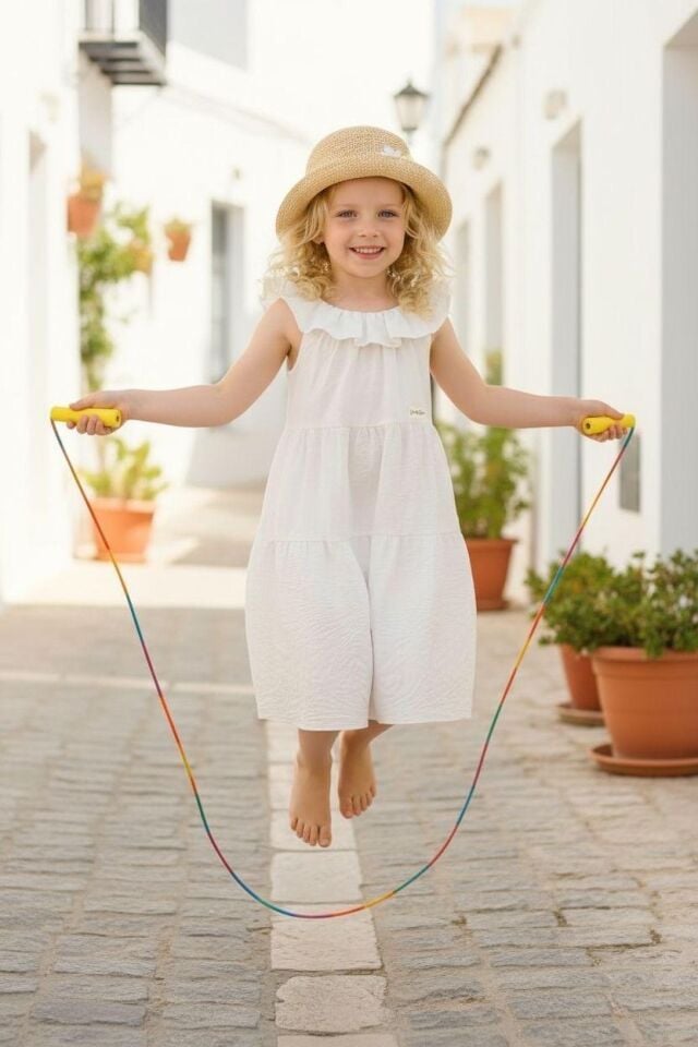 Kız Çocuk Volanlı Midi Elbise - Ekru