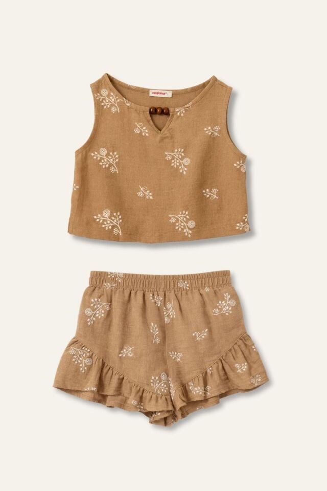 Kız Çocuk Nakışlı Bluz ve Şort Takım