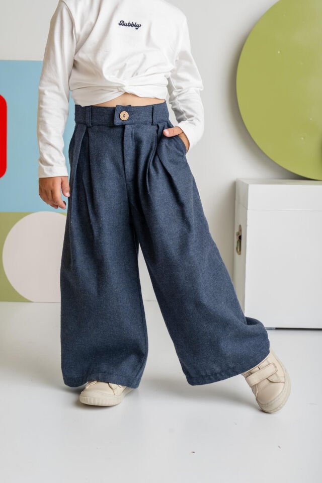 Kız Çocuk İnce Kaşe Pileli Bol Pantolon