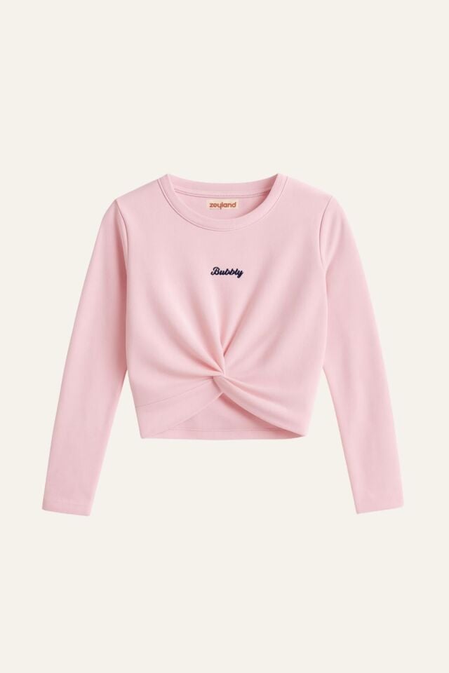 Kız Çocuk Nakışlı Uzun Kol Önden Büzgülü T-shirt