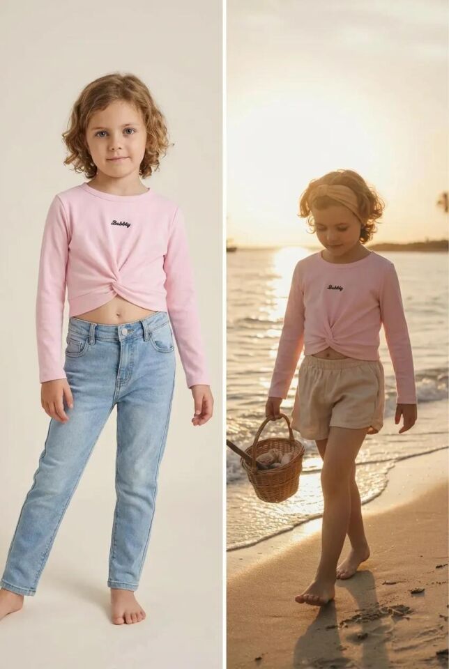 Kız Çocuk Nakışlı Uzun Kol Önden Büzgülü T-shirt