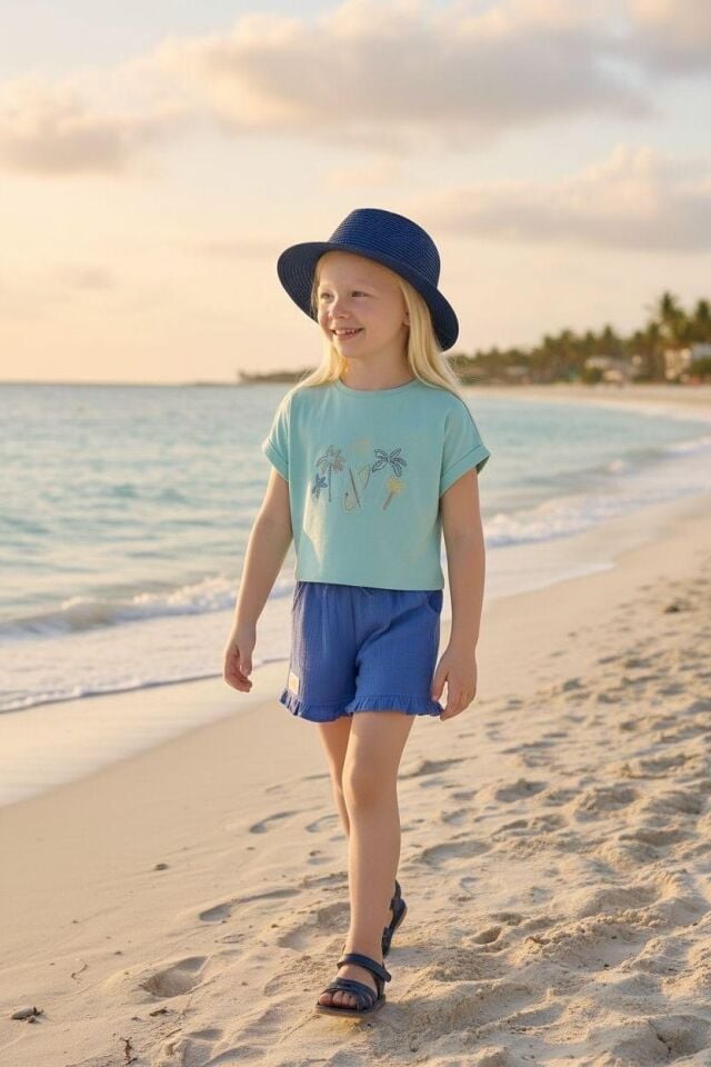 Kız Çocuk Nakış Detaylı Crop T-Shirt