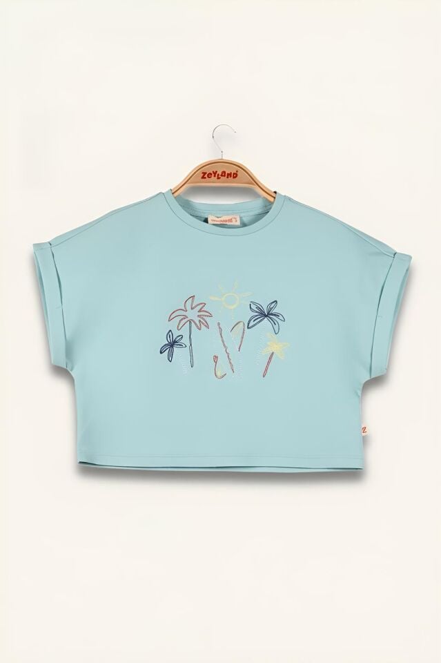 Kız Çocuk Nakış Detaylı Crop T-Shirt