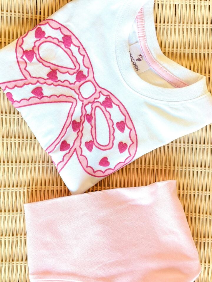 Kız Çocuk Tatlı Kalp Kurdele Baskılı Tişört ve Tayt Takım