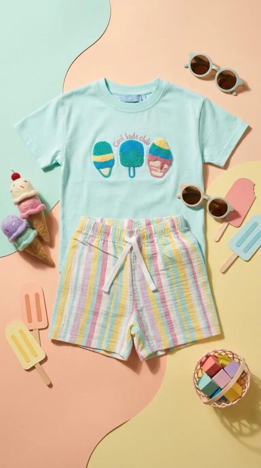Kız Çocuk Nakışlı Ice Cream Tişört Müslin Şort Alt Üst Takım