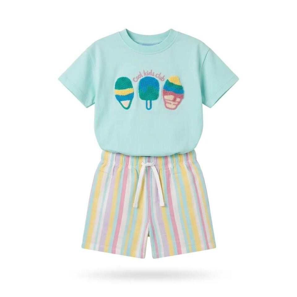 Kız Çocuk Nakışlı Ice Cream Tişört Müslin Şort Alt Üst Takım