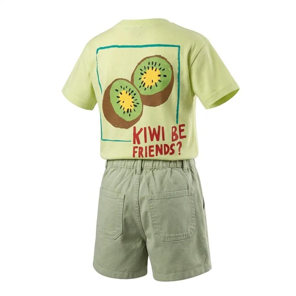 Unisex Erkek ve Kız Çocukları İçin Kiwi Baskılı Tişört ve Baloon Şort Takım