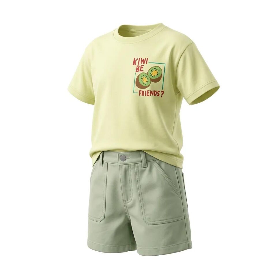 Unisex Erkek ve Kız Çocukları İçin Kiwi Baskılı Tişört ve Baloon Şort Takım