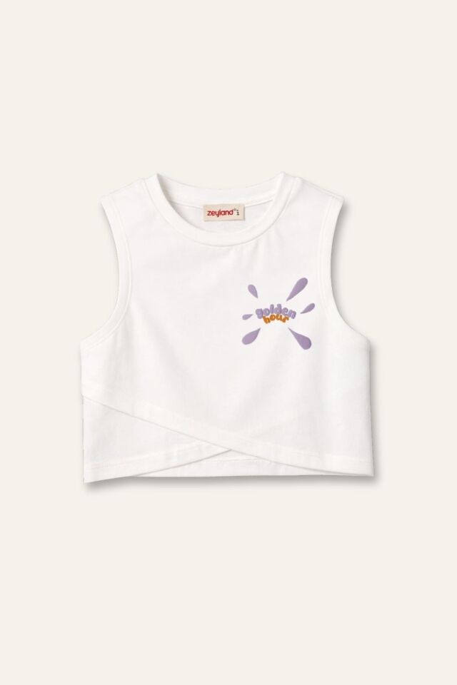Kız Çocuk Baskılı Kolsuz T-Shirt - Ekru