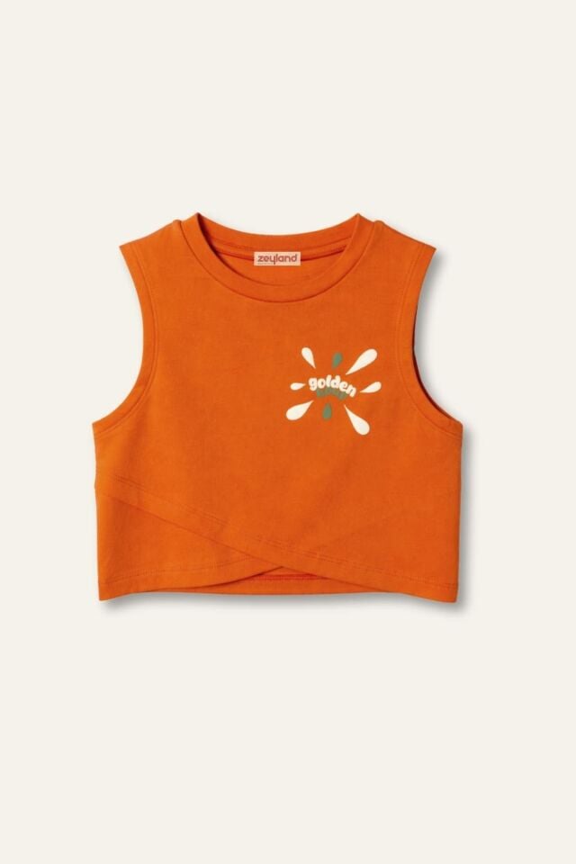 Kız Çocuk Baskılı Kolsuz T-Shirt - Turuncu