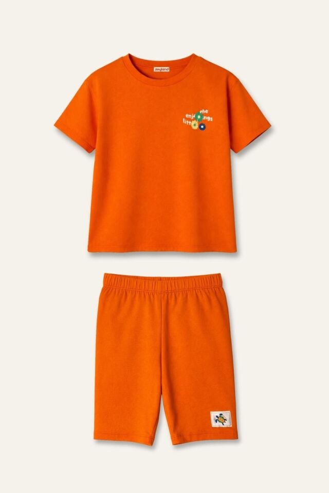 Kız Çocuk Baskılı T-Shirt ve Tayt Takım - Turuncu