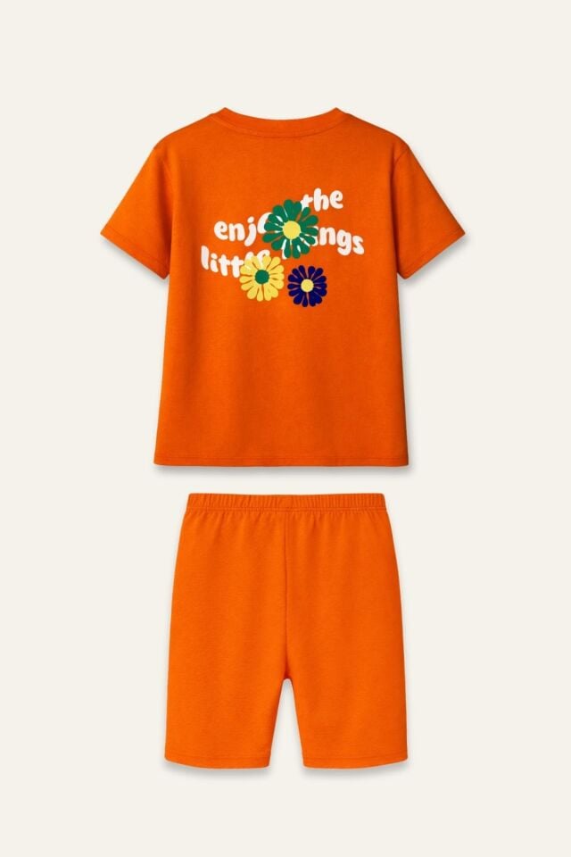 Kız Çocuk Baskılı T-Shirt ve Tayt Takım - Turuncu