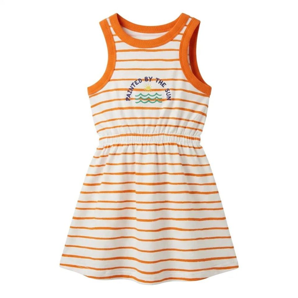 Kız Çocuk Çizgili Halter Yaka Elbise - Turuncu