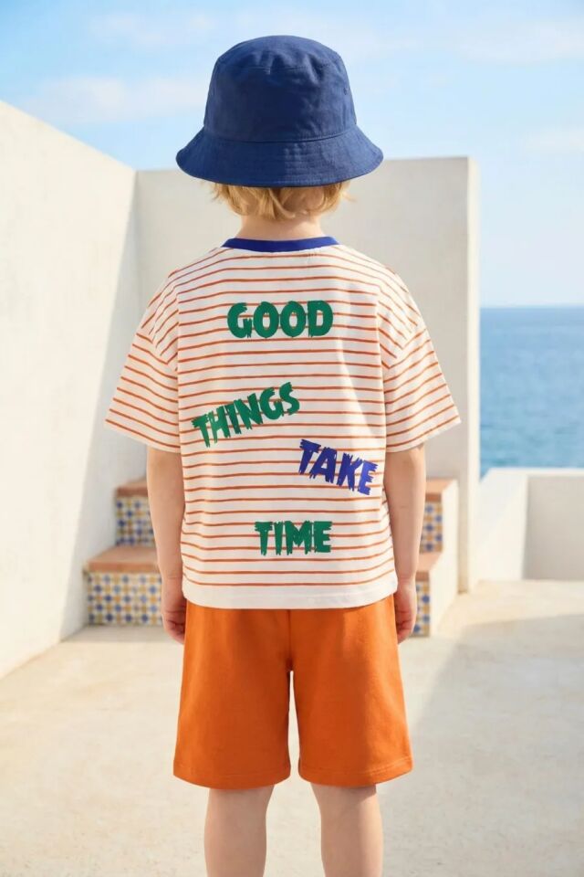 Erkek Çocuk Çizgili T-shirt ve Şort Takım - Turuncu